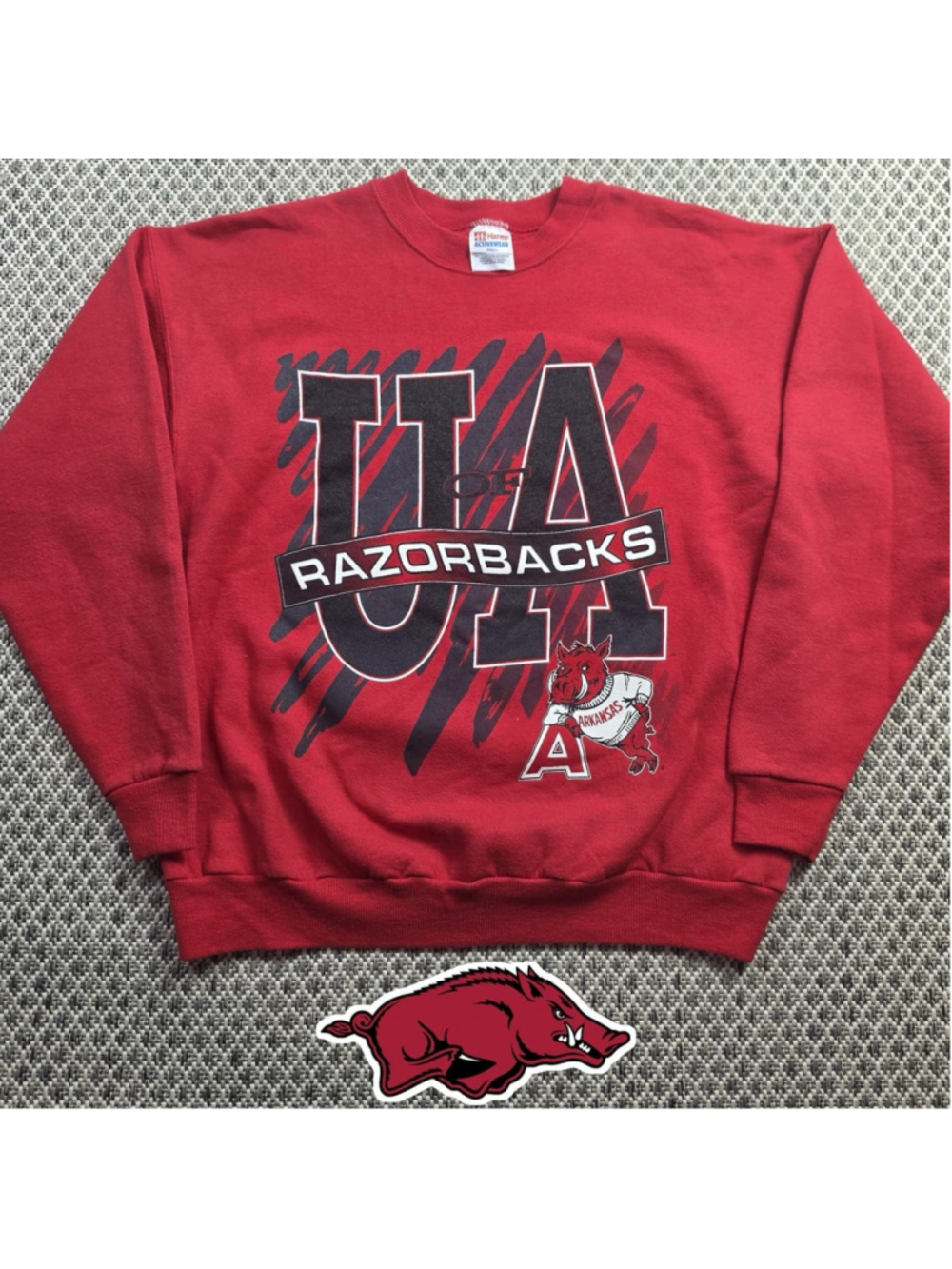 Vintage 90s Arkansas Razorbacks Sweatshirt Mens L UA Hog NCAA Hanes Red Made USA